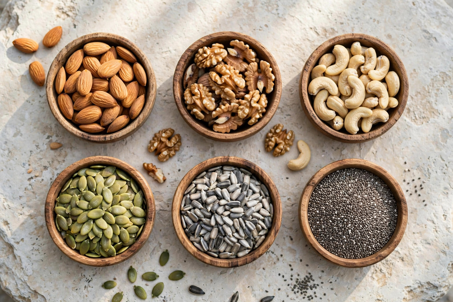 Small wooden bowls of almonds, walnuts, cashews, pumpkin seeds, sunflower seeds and chia seeds on a light stone surface