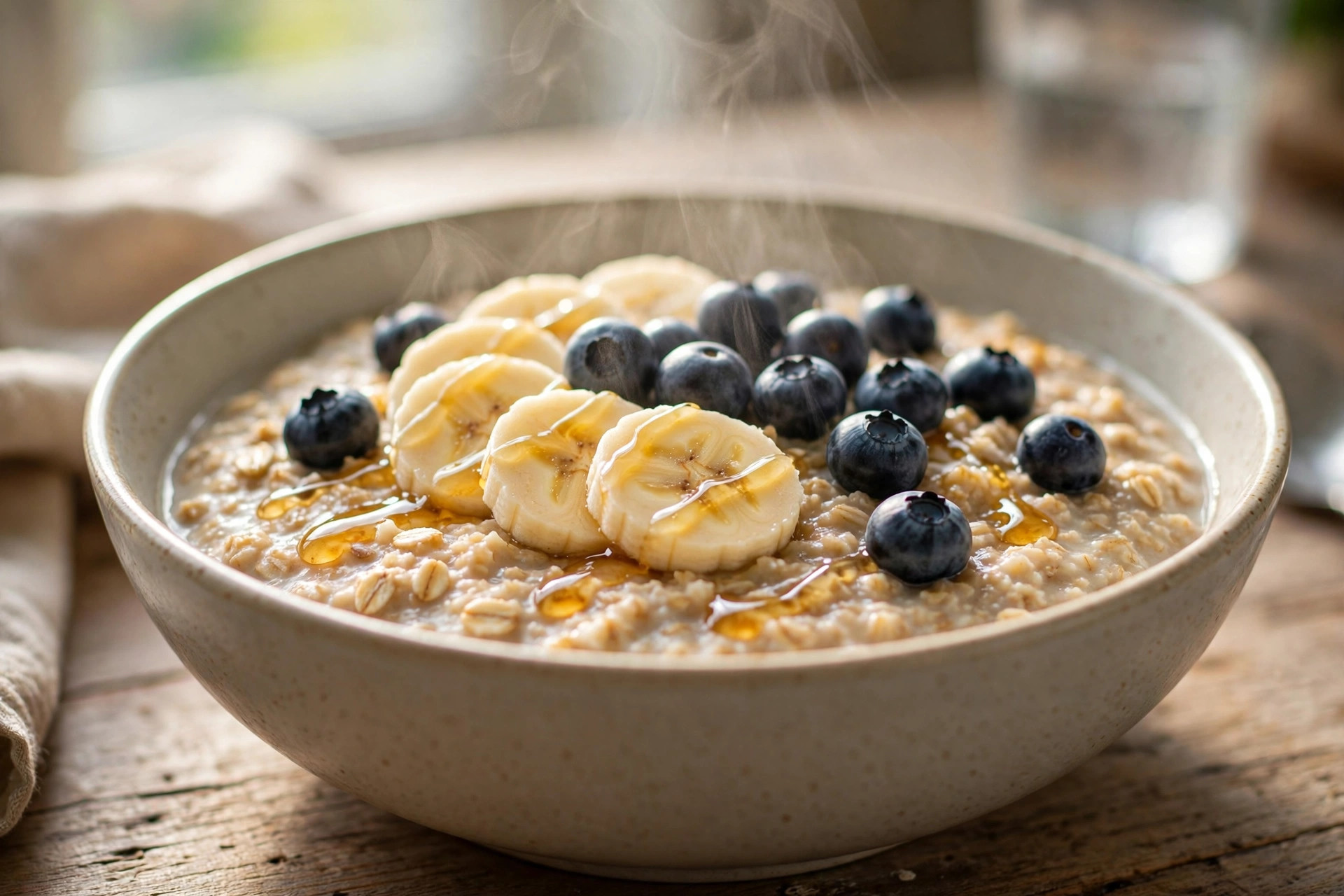 A close-up of a bowl of warm oatmeal topped with sliced banana, honey and blueberries