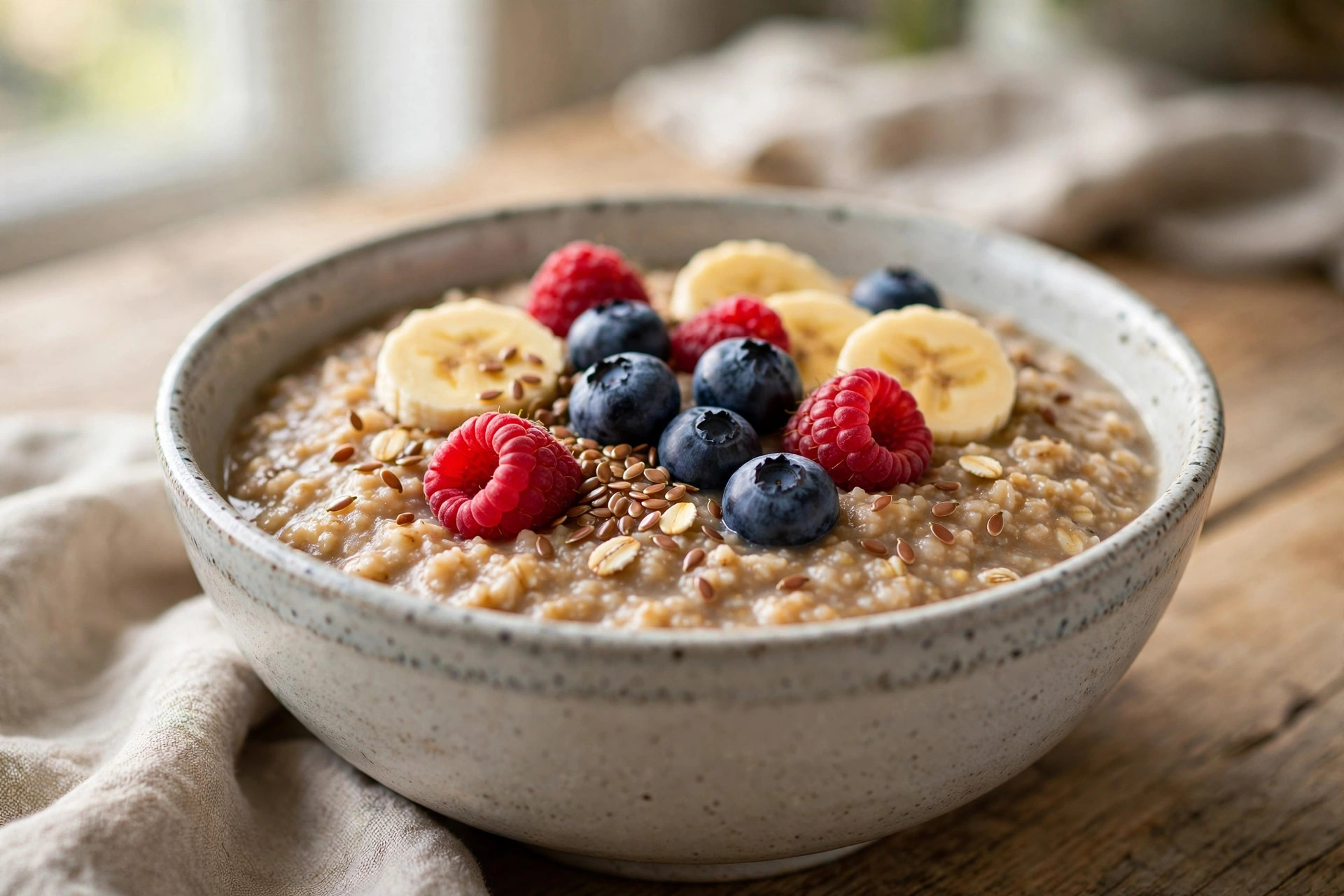 A bowl of porridge oats topped with blueberries, raspberries, banana slices and flax seeds