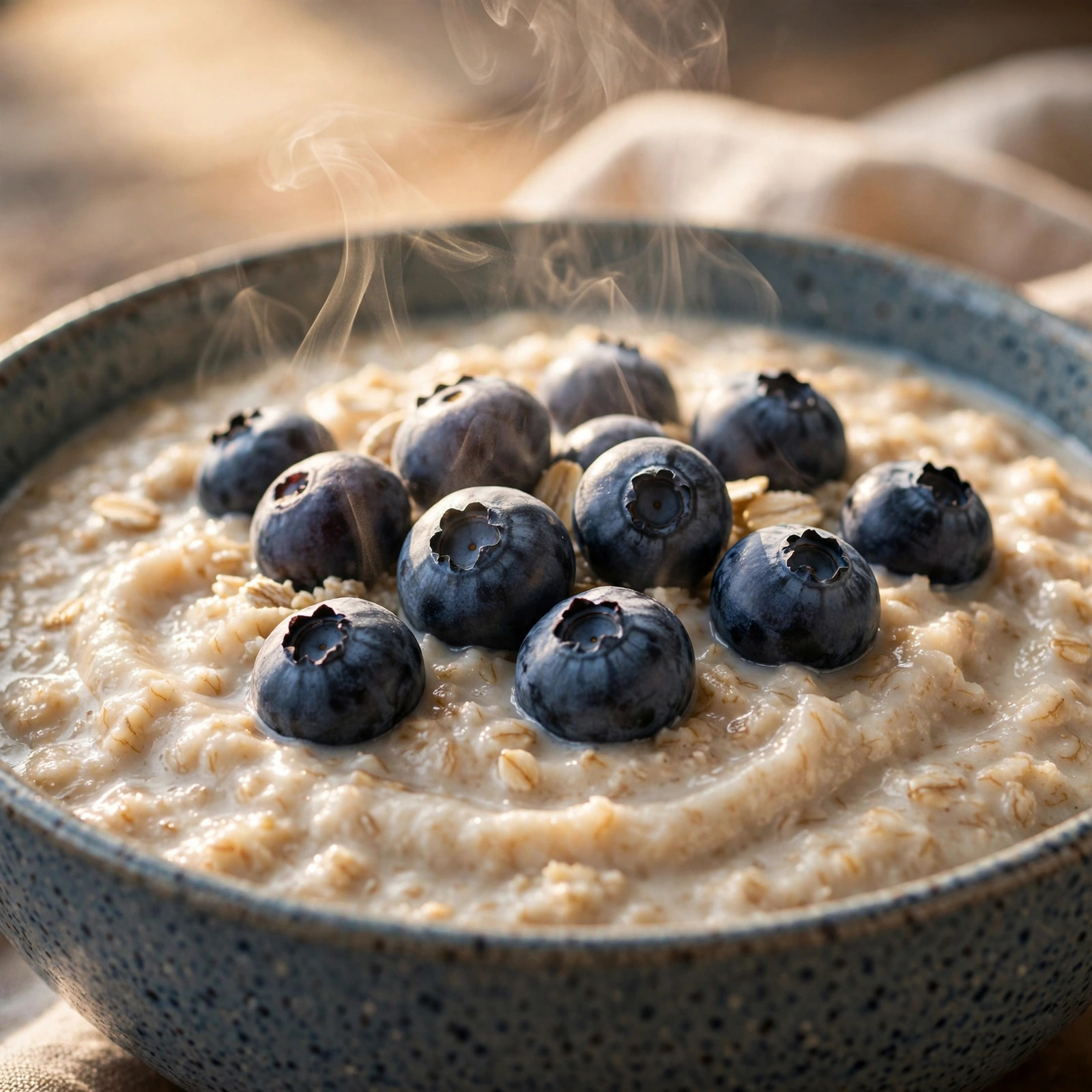 Close-up of creamy oatmeal topped with fresh blueberries