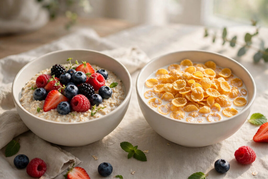 Two breakfast bowls side by side, creamy oatmeal with berries and cornflakes with milk