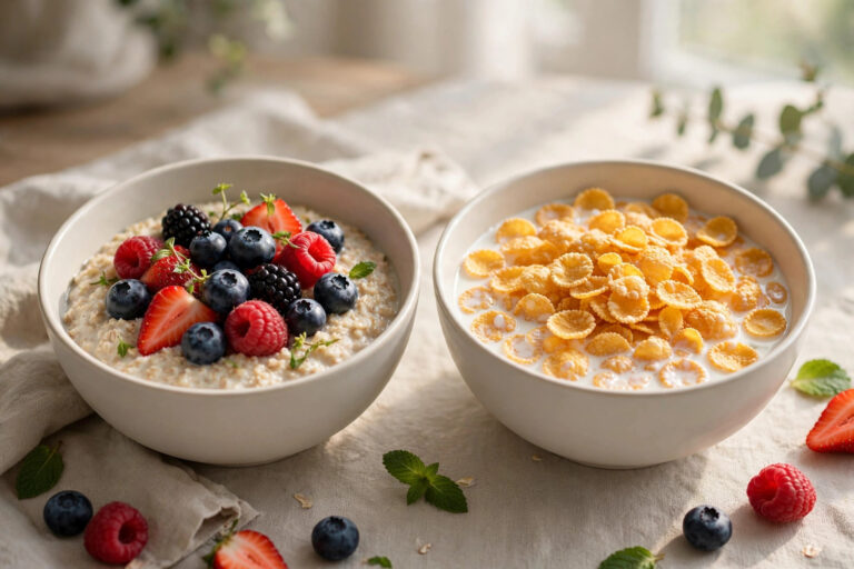Two breakfast bowls side by side, creamy oatmeal with berries and cornflakes with milk