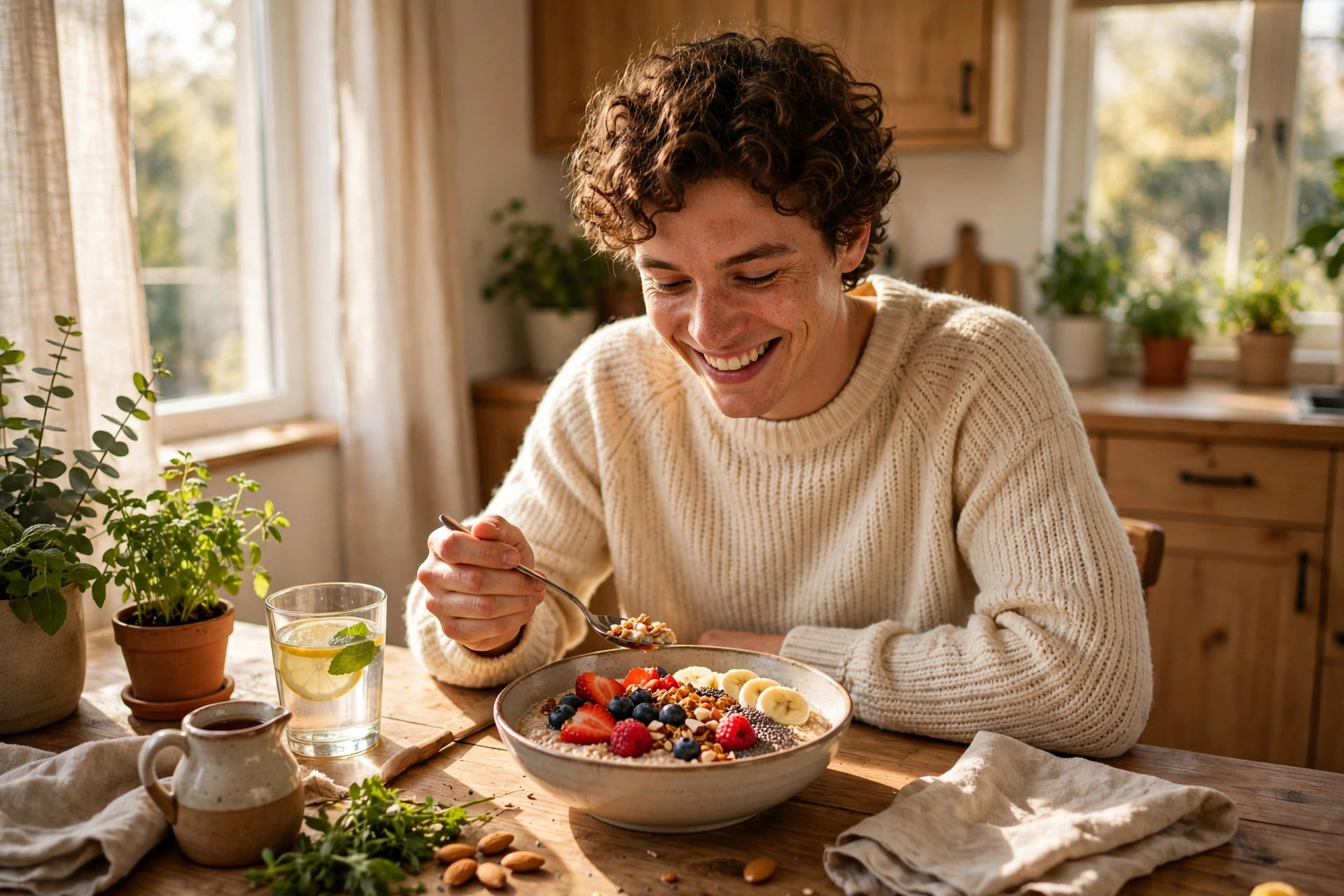 Person enjoying breakfast at a bright kitchen table, feeling satisfied and energised