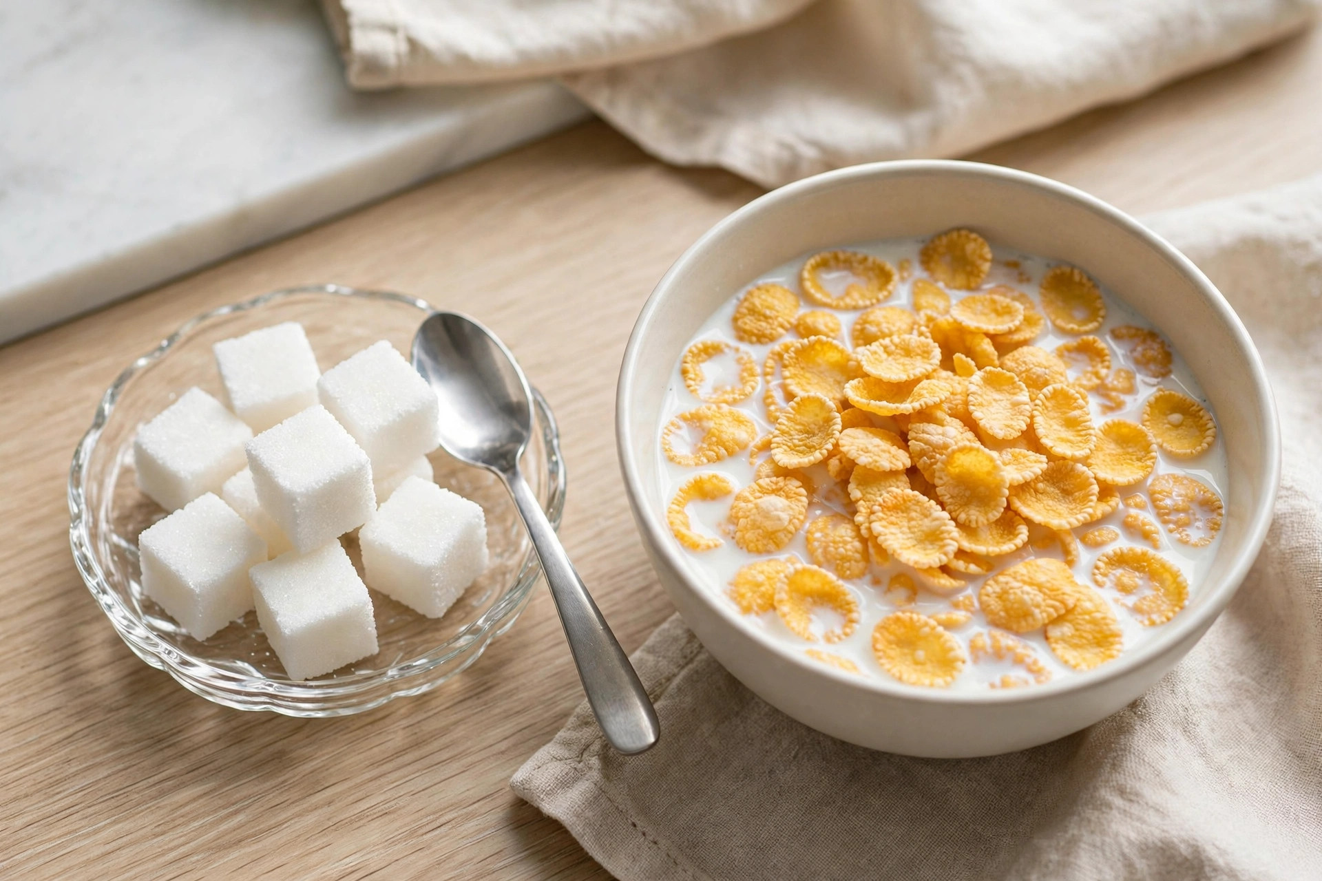 Teaspoon of sugar beside a bowl of cornflakes with milk