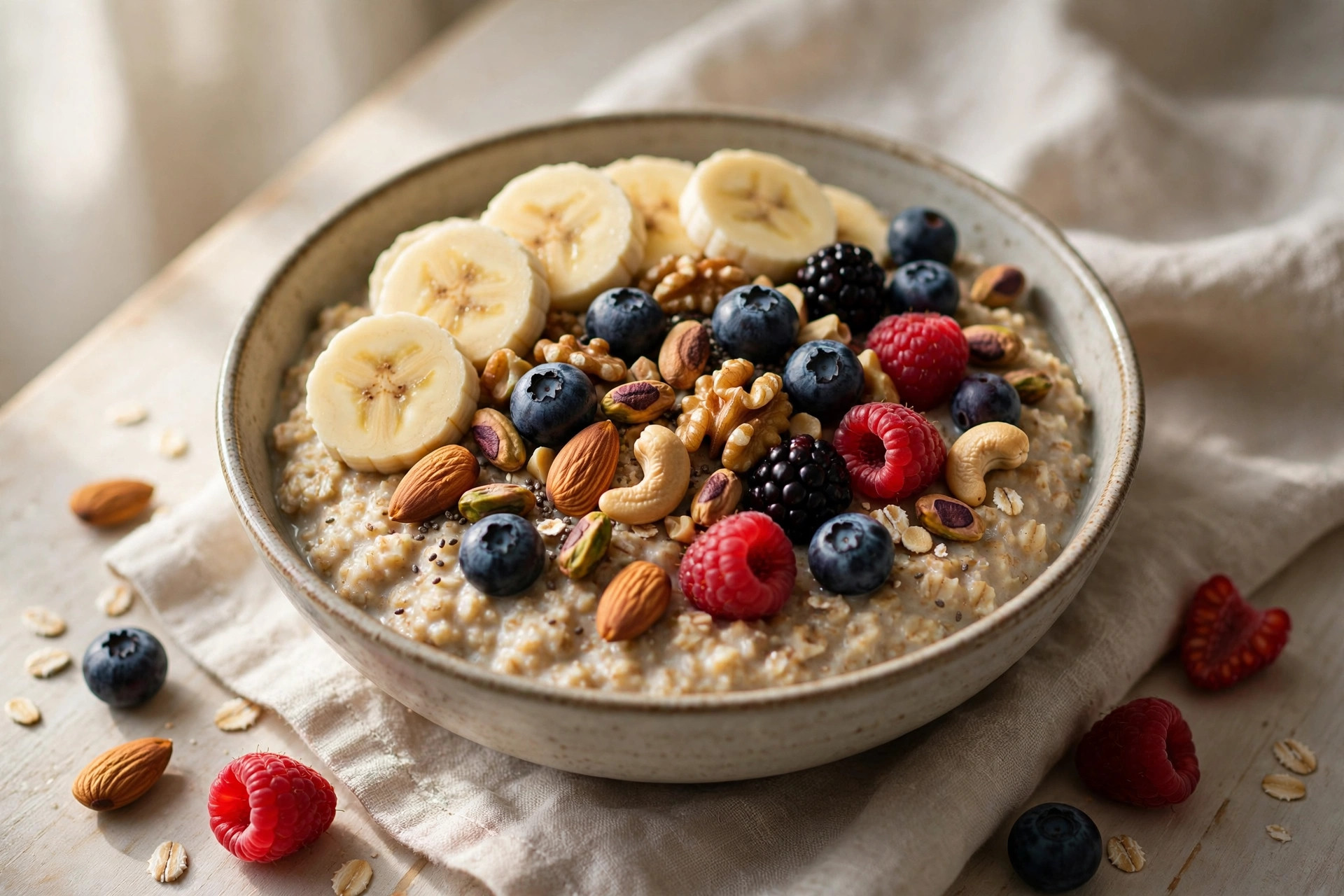 Breakfast bowl topped with sliced banana, nuts and fresh berries