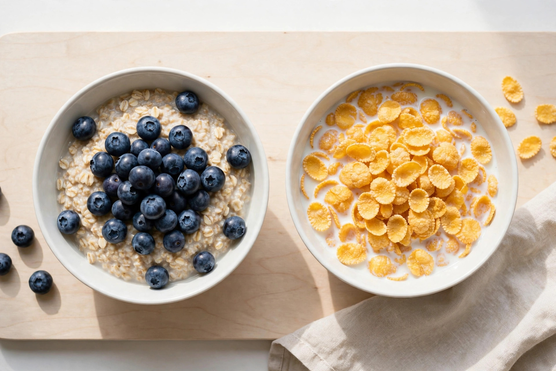 Overhead view of two breakfast bowls, oatmeal with berries and cornflakes with milk