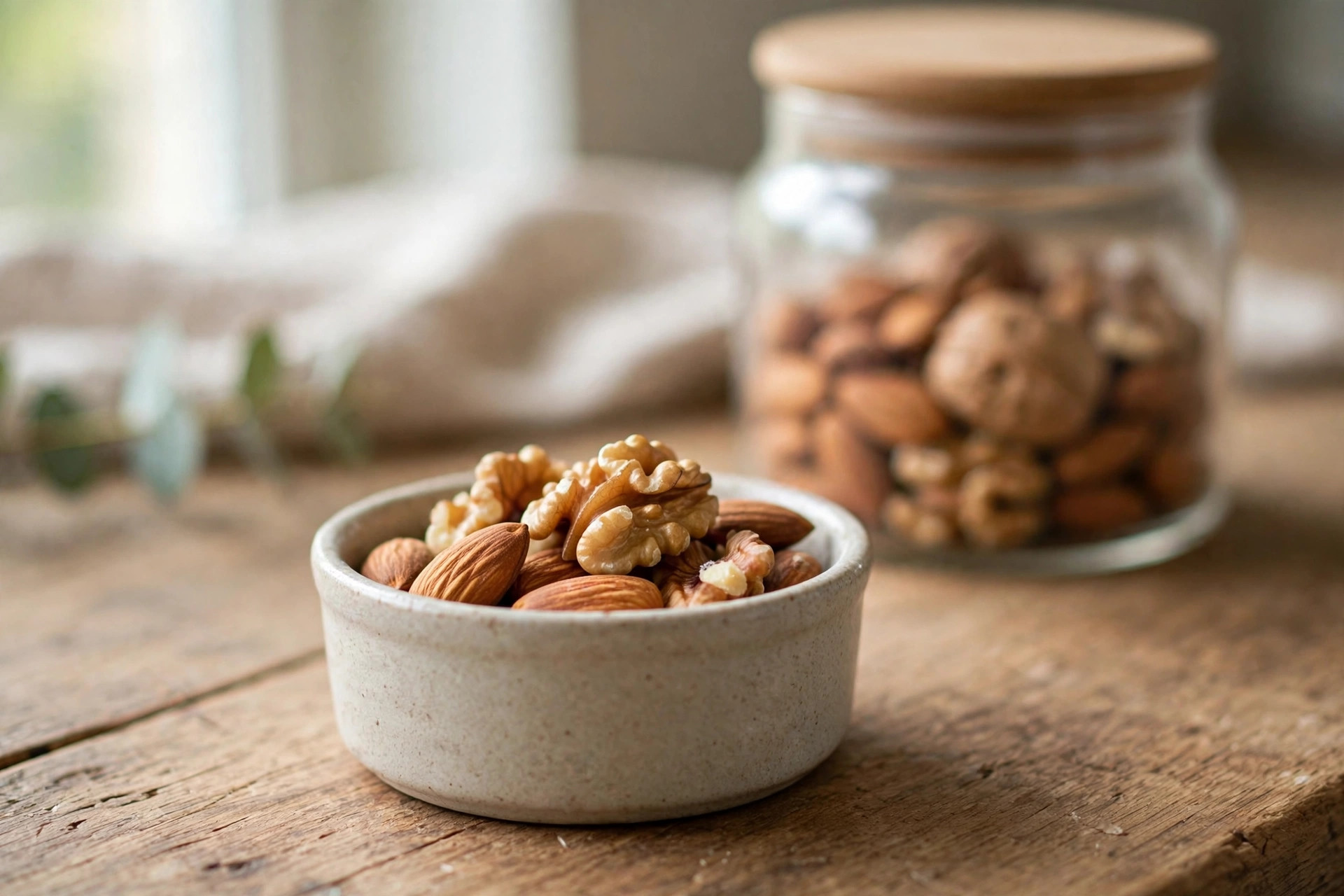 A small ramekin of almonds and walnuts on a wooden table with a larger jar of nuts in the background