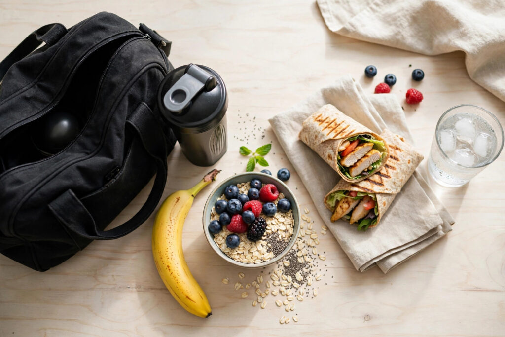 A flat-lay of workout fuel on a kitchen counter: gym bag, shaker bottle, banana, a bowl of berry oats, a chicken wrap and a glass of water