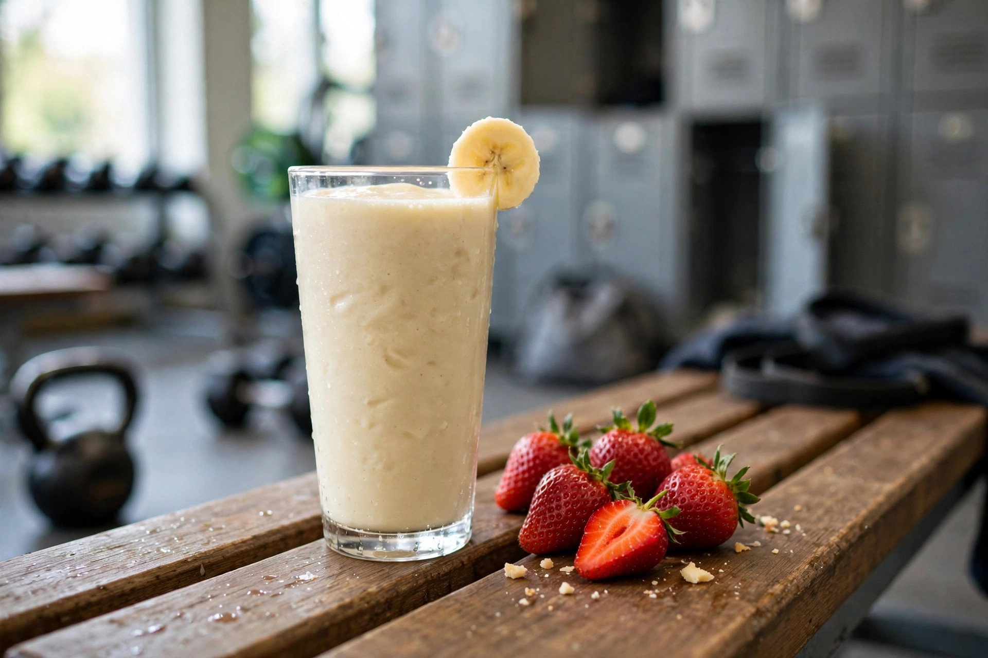 A banana protein shake with strawberries on a gym bench