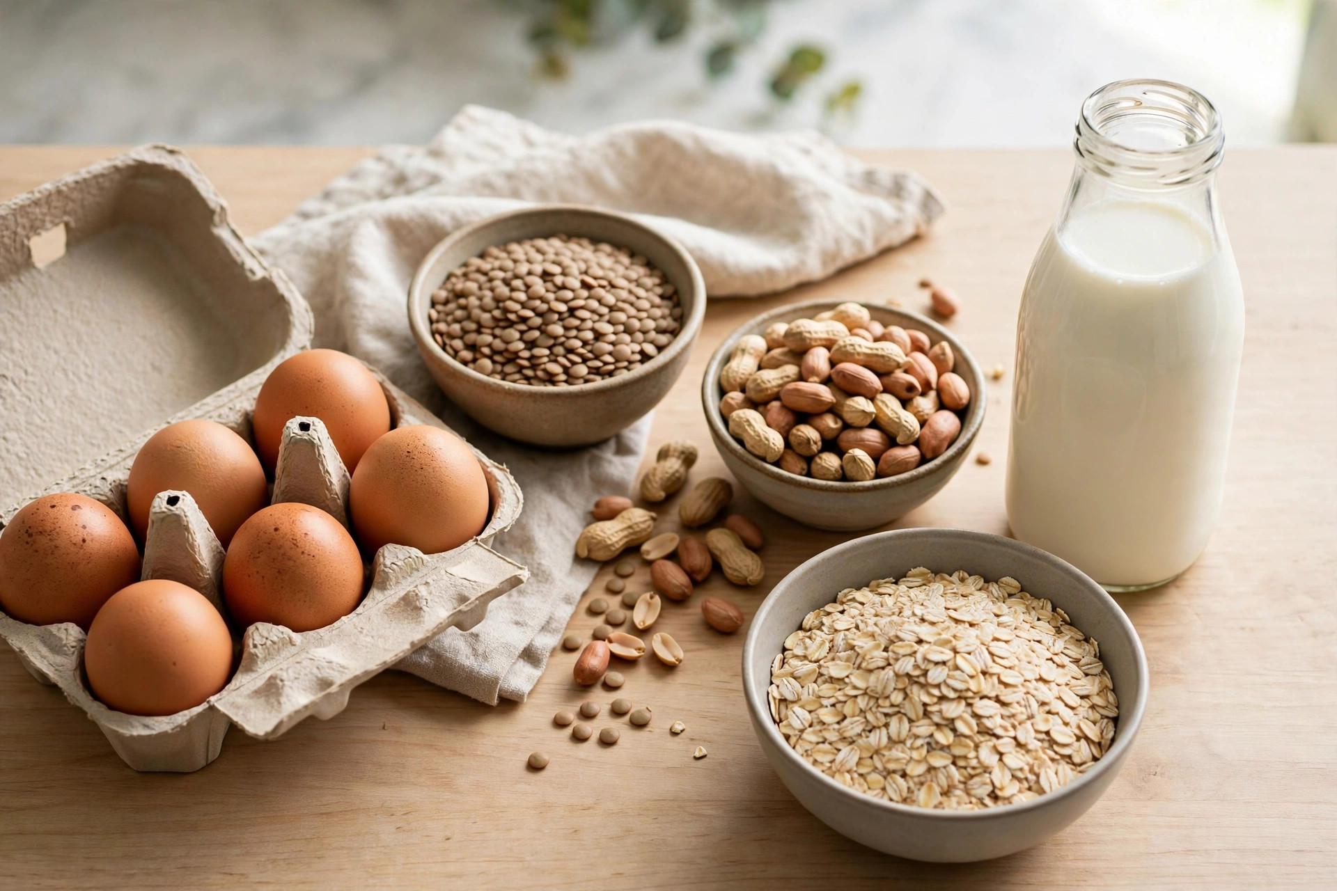 Budget protein foods on a kitchen counter: eggs, lentils, peanuts, milk and oats