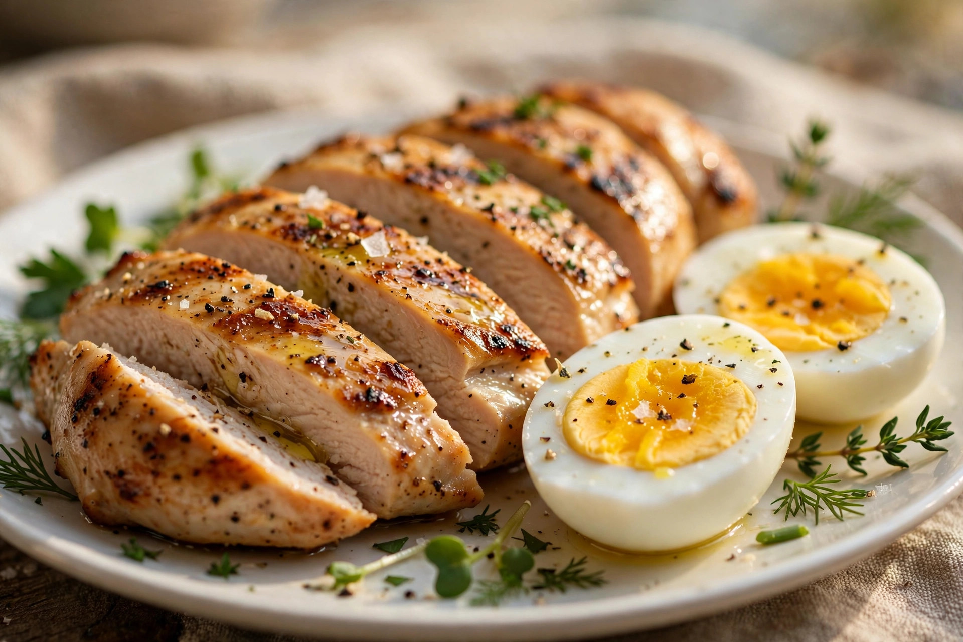 Grilled chicken breast sliced next to boiled eggs on a plate