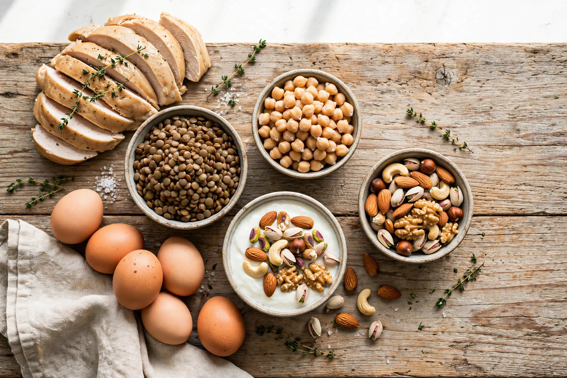 Overhead spread of high-protein foods: chicken, eggs, lentils, chickpeas, nuts and yogurt