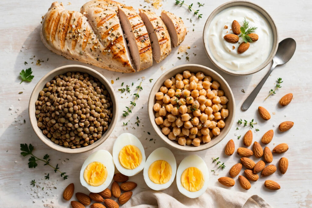Flat lay of high-protein foods including chicken, eggs, lentils, chickpeas, nuts and yogurt