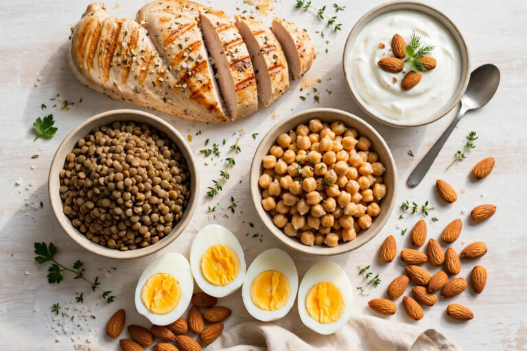 Flat lay of high-protein foods including chicken, eggs, lentils, chickpeas, nuts and yogurt