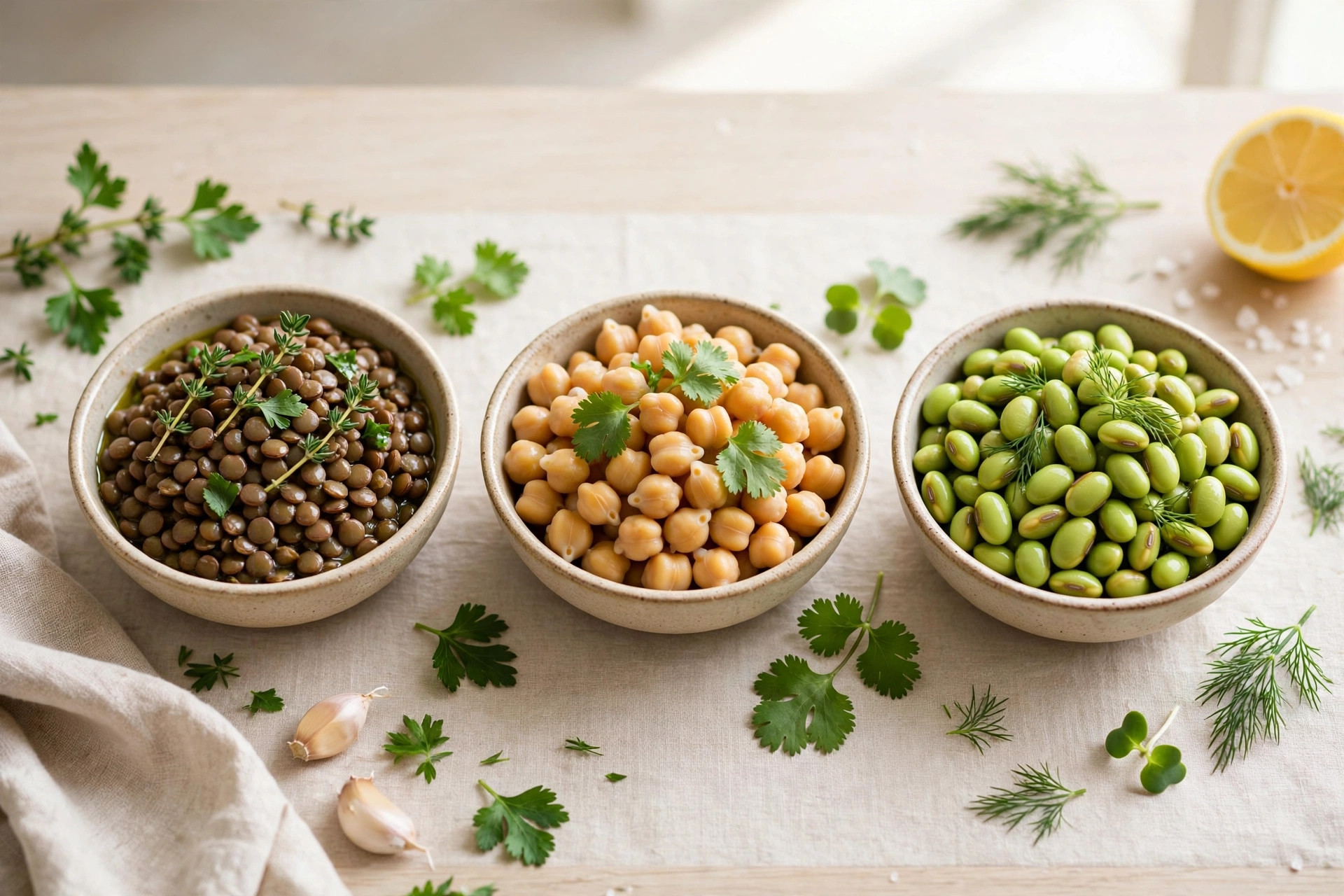 Bowls of cooked lentils, chickpeas and soybeans with fresh herbs
