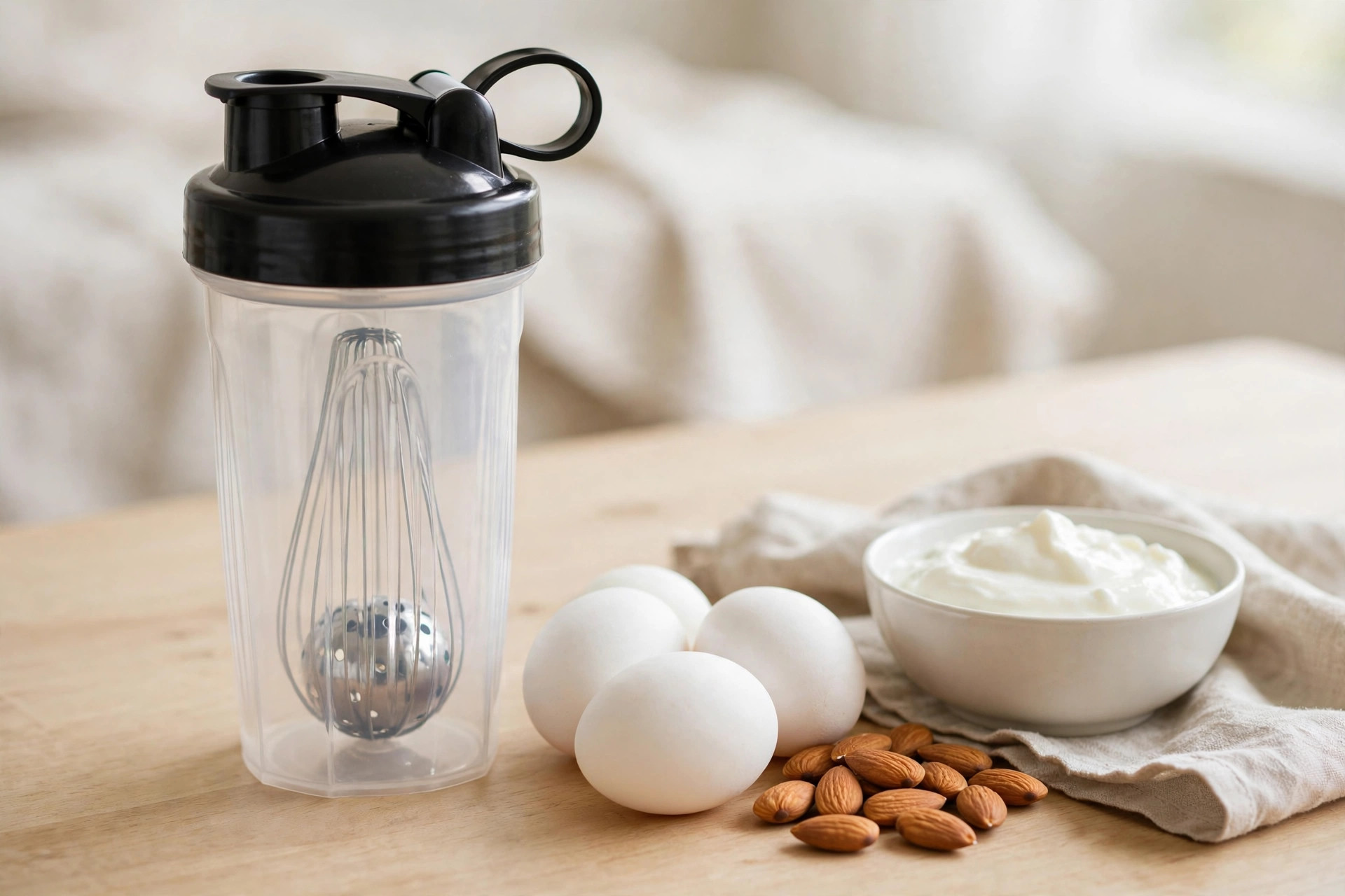 Protein shaker bottle next to whole protein foods: eggs, nuts and yogurt