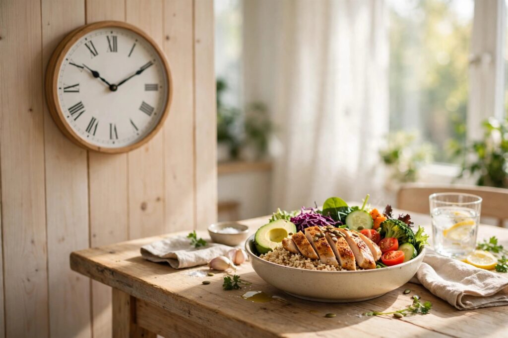 Clock next to a healthy lunch bowl showing an intermittent fasting eating window