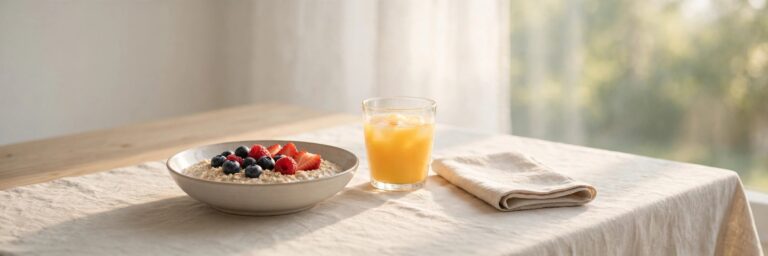 Bowl of oatmeal topped with fresh berries on a bright breakfast table