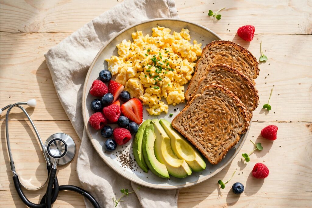 Heart-healthy breakfast plate with eggs, avocado and berries