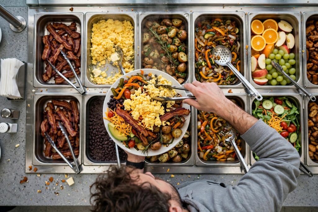 Overeating at a lunch buffet after skipping breakfast