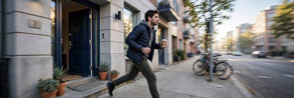 Person rushing out in the morning holding only a takeaway coffee