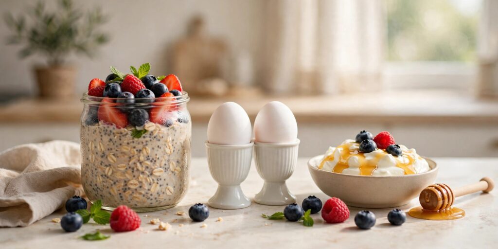 Quick breakfast ideas with overnight oats, boiled eggs and yoghurt