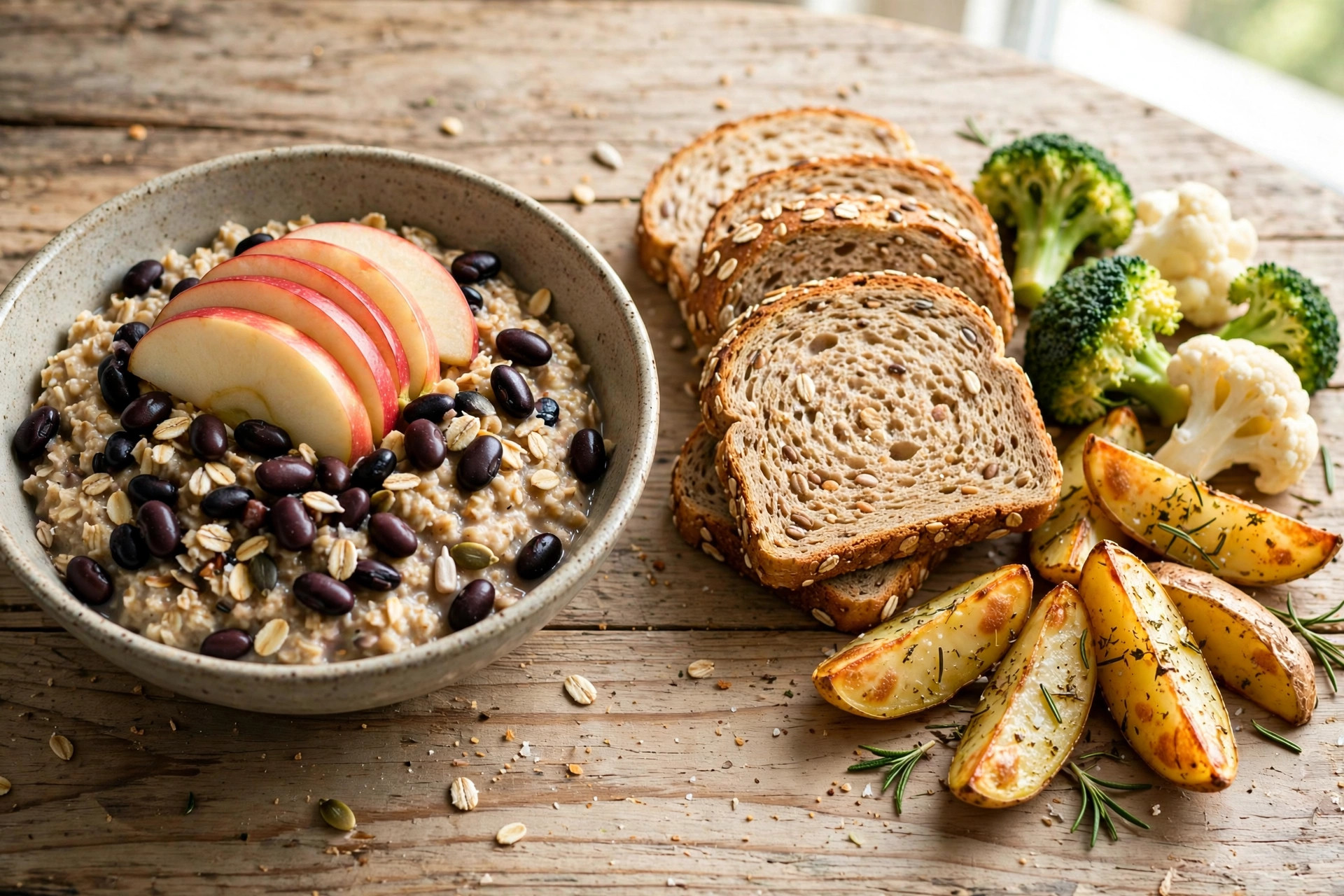 A bowl of oats with apple slices and black beans beside wholegrain bread, broccoli, cauliflower and roasted potato wedges