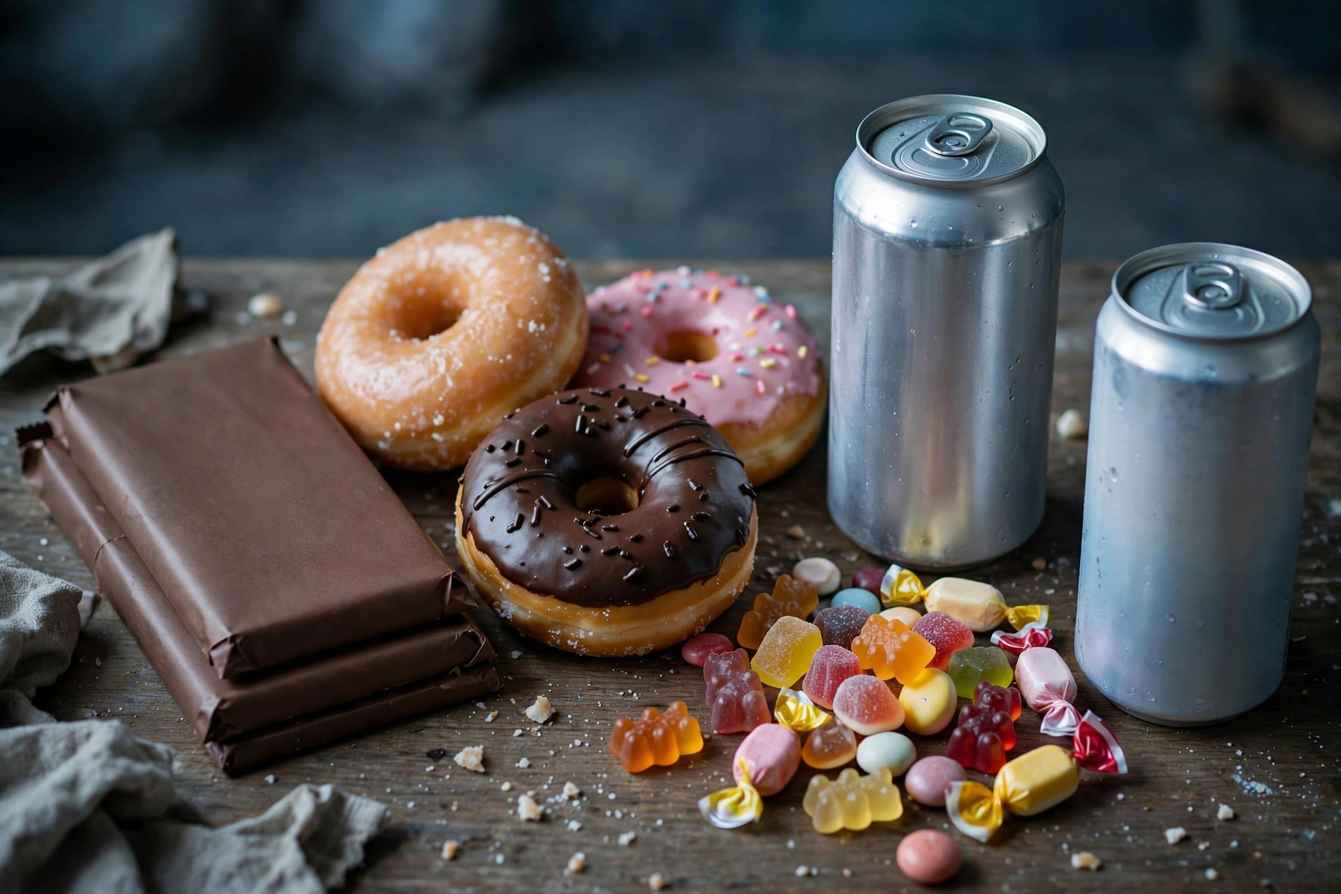 Chocolate bars, doughnuts, a fizzy cola can, candy sweets and a sugary energy drink on a table