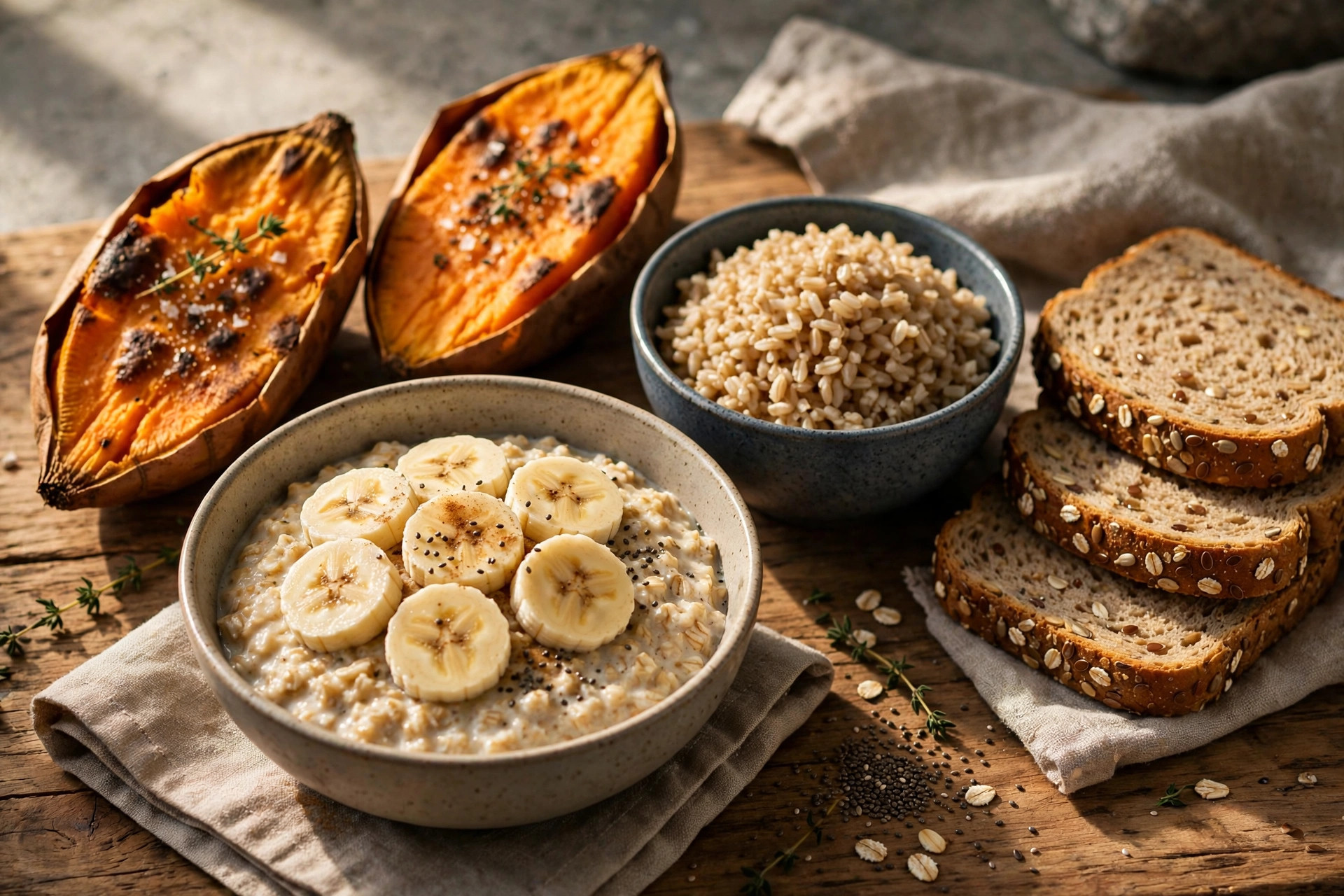 Complex carbohydrate foods for athletes: roasted sweet potatoes, oats with banana, brown rice, and whole-grain bread