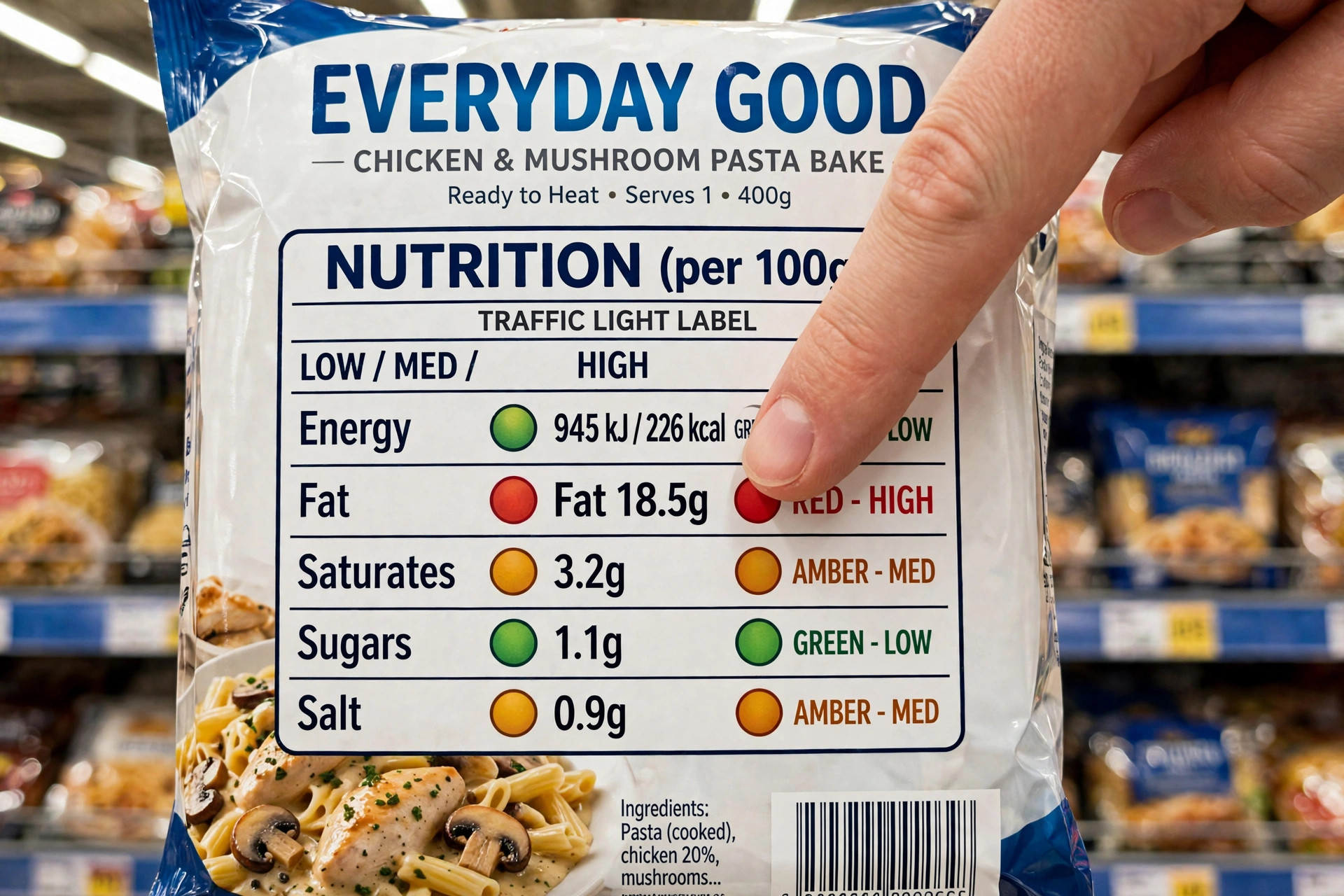 Close-up of a red-amber-green traffic light nutrition label on the front of a food package