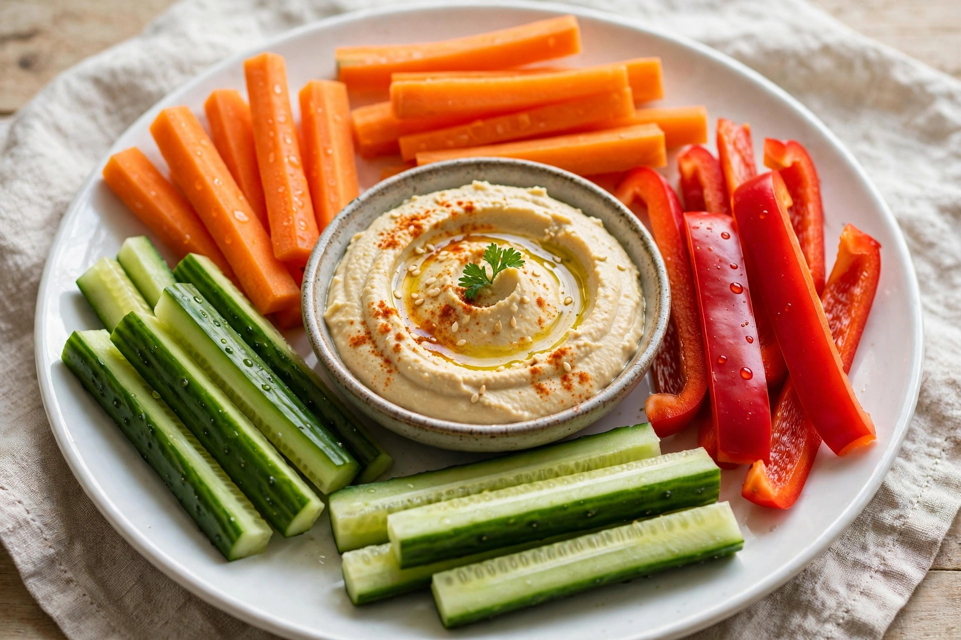 Carrot, cucumber and red pepper sticks arranged around a bowl of hummus on a white plate