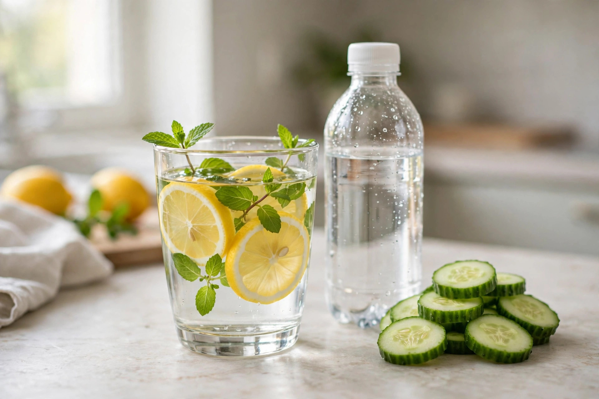A clear glass of water with lemon and mint leaves on a bright kitchen counter with a water bottle and sliced cucumber