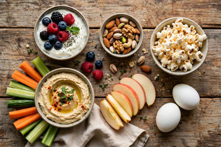 A spread of healthy weight-loss snacks on a wooden table: greek yoghurt with berries, mixed nuts, hummus with vegetable sticks, apple slices, boiled eggs and popcorn