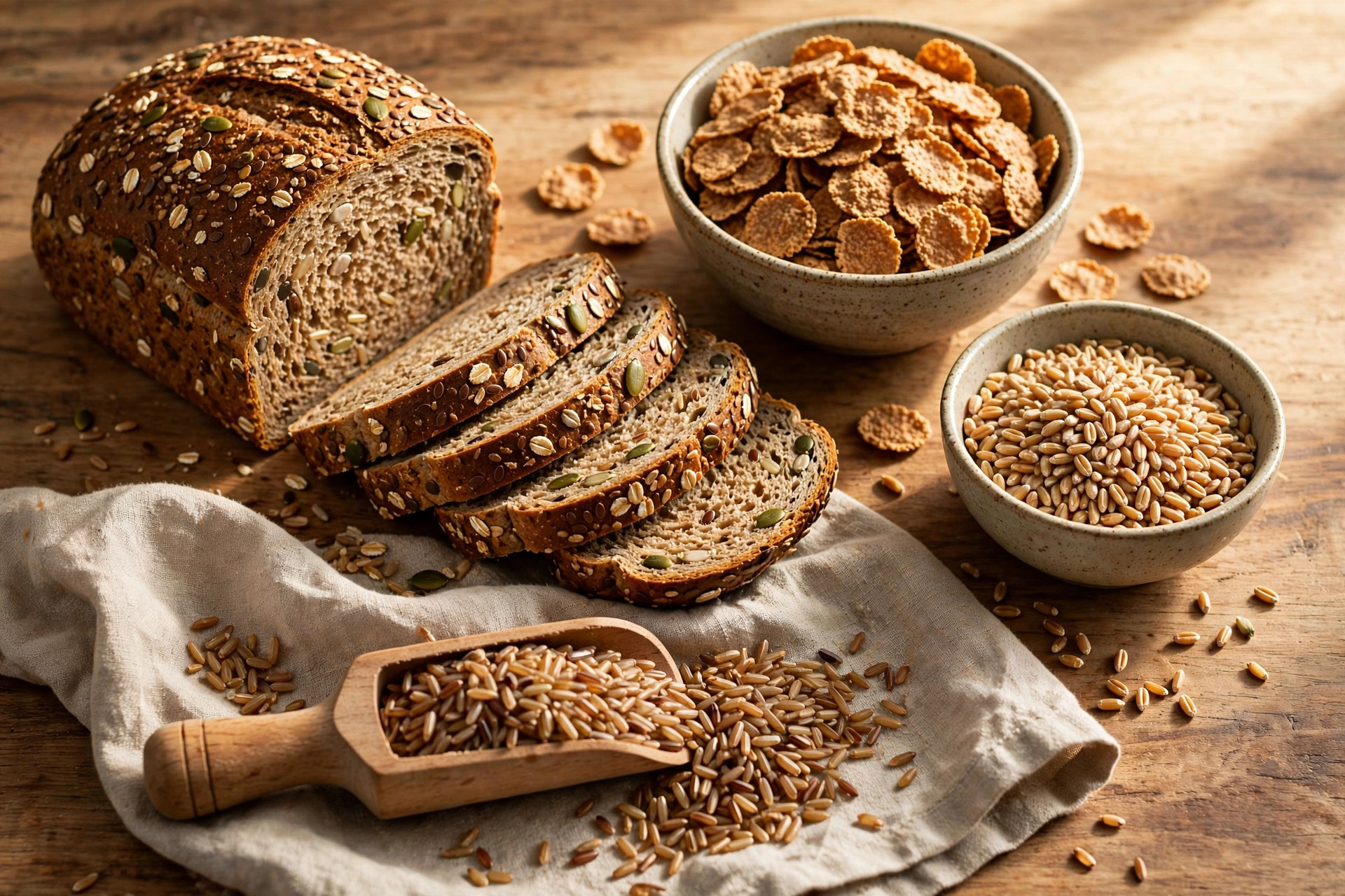 Sliced wholegrain bread, a bowl of bran flakes, wheat grains and brown rice on a kitchen counter